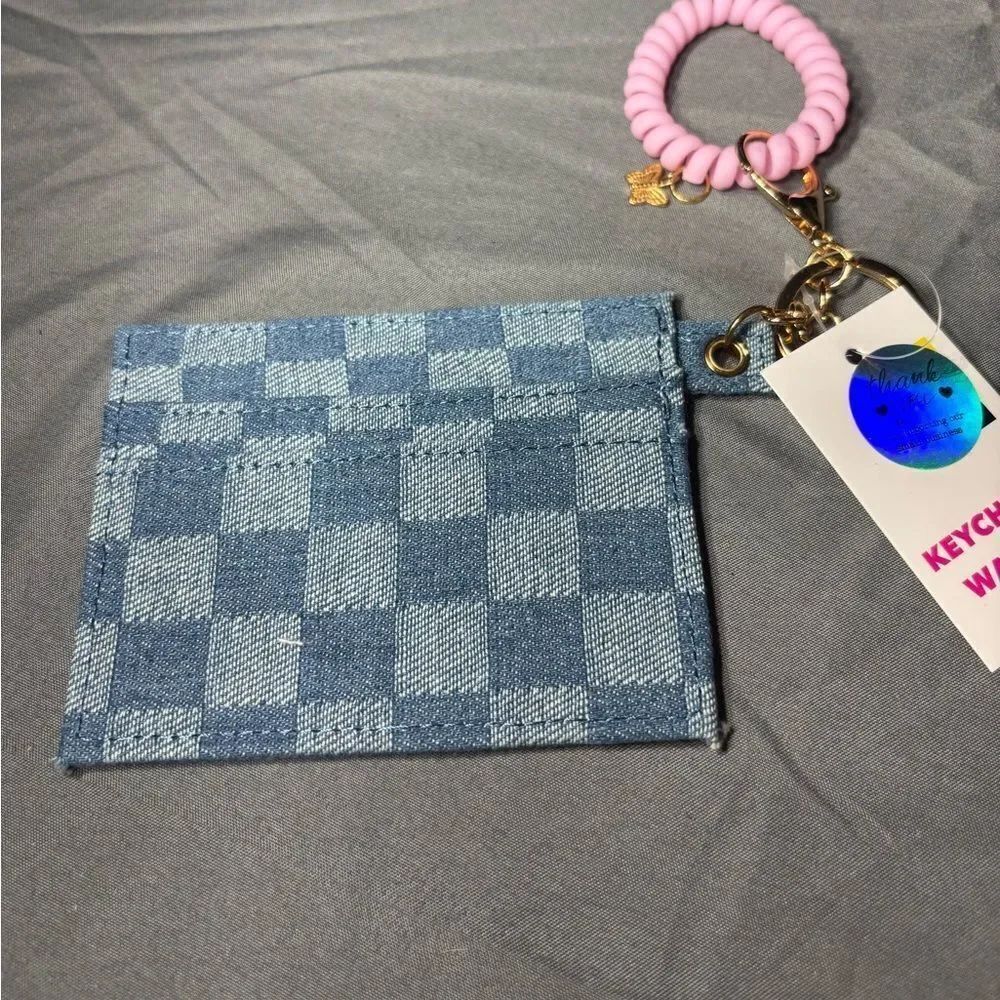 New Blue Checkered Card Holder Wristlet Keychain